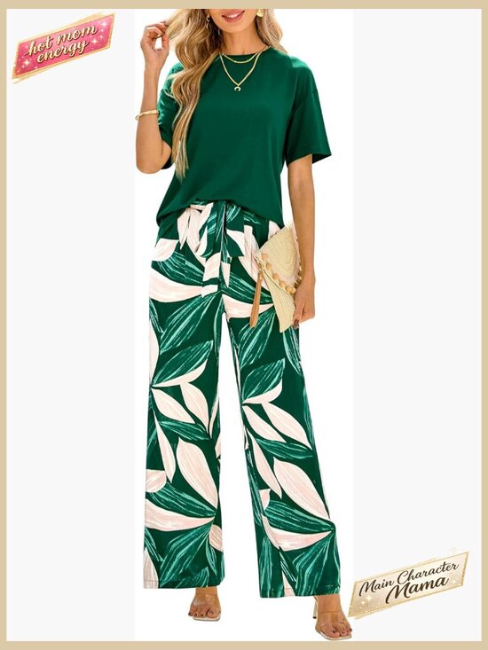 Pants - Floral Wide Leg Pant Set Relaxed Fit Knit Top Belted Waist Pockets